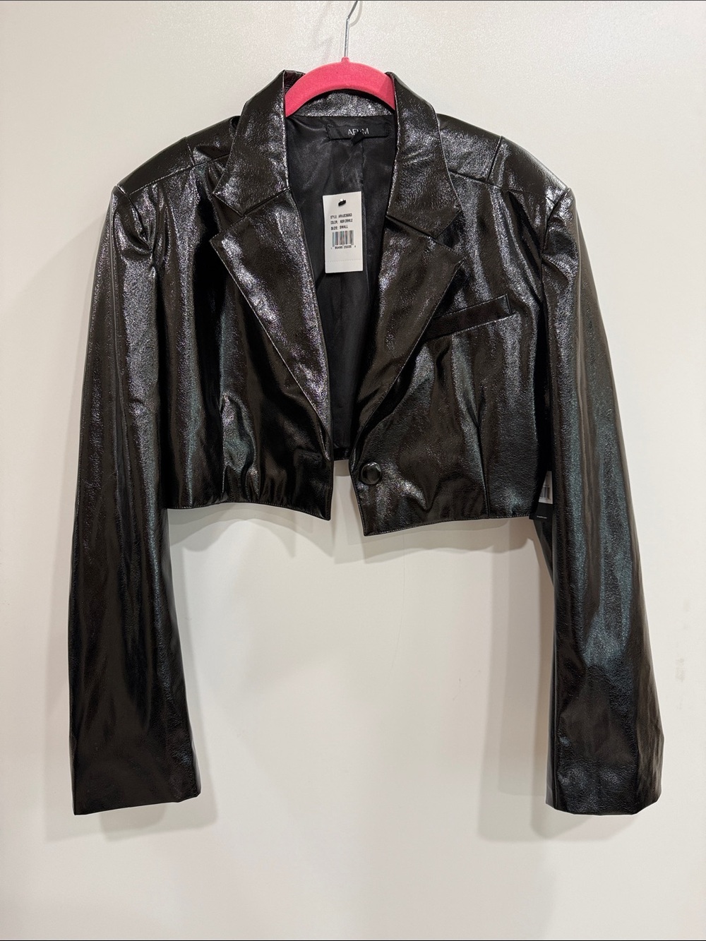 AFRM Noir Crinkle Glossy Black Cropped Faux-Leather Blazer